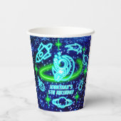 Neon gloeiende blauwe buiten ruimte astronaut rake papieren bekers (Achterkant)