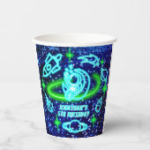 Neon gloeiende blauwe buiten ruimte astronaut rake papieren bekers (Voorkant)
