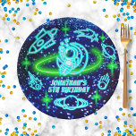 Neon gloeiende blauwe buitenruimte raket schip jon papieren bordje<br><div class="desc">Outer Space astronaut jongens verjaardag ontwerp in heldere neon gloeiend blauw en groen.</div>