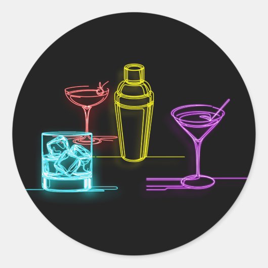 Neon Gloeilampen Kleurrijke Cocktails 21e Verjaard Ronde Sticker (Voorkant)