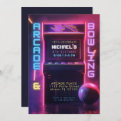 Neon Glow Arcade and Bowling Birthday Party Kaart (Voorkant / Achterkant)