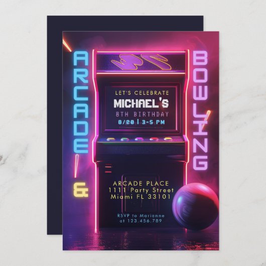 Neon Glow Arcade and Bowling Birthday Party Kaart (Voorkant / Achterkant)