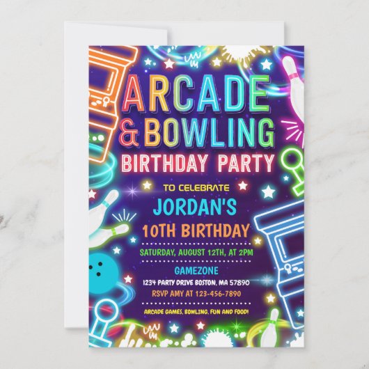 Neon Glow Arcade and Bowling Birthday Party Kaart (Voorkant)