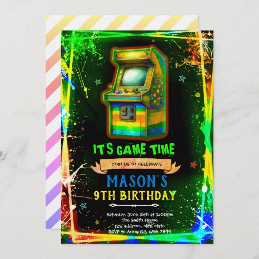 Neon glow arcade birthday invitation kaart (Voorkant / Achterkant)