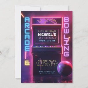Neon Glow Arcade En Bowling Verjaardagsfeestje Kaart