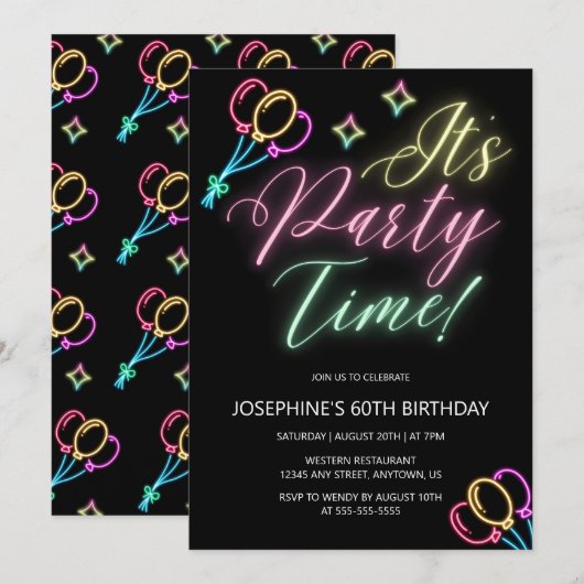 Neon Glow Balloon Party Tijd Verjaardag Kaart (Voorkant / Achterkant)