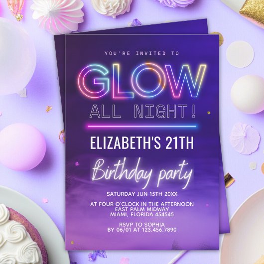 Neon Glow Birthday Party – Glow All Night Theme Kaart