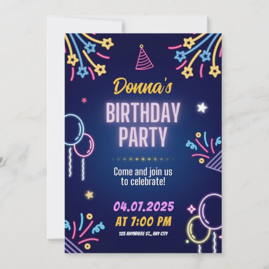 Neon Glow Birthday Party Invitation for Her Kaart (Voorkant)