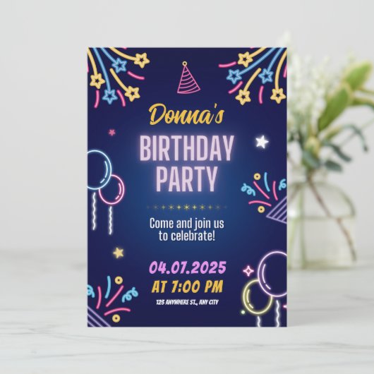 Neon Glow Birthday Party Invitation for Her Kaart (Staand voorkant)