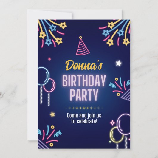 Neon Glow Birthday Party Invitation for Her Kaart (Achterkant)