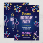 Neon Glow Birthday Party Invitation for Her Kaart (Voorkant / Achterkant)