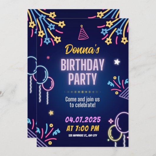 Neon Glow Birthday Party Invitation for Her Kaart (Voorkant / Achterkant)