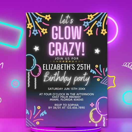 Neon Glow - Birthday Party Invitation Kaart