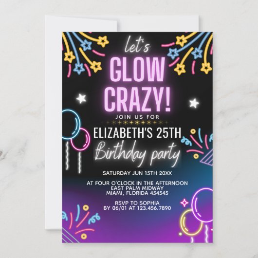 Neon Glow - Birthday Party Invitation Kaart (Voorkant)