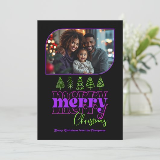 Neon Glow Boomstructuur Moderne Retro Vakantiefoto Feestdagenkaart (Staand voorkant)