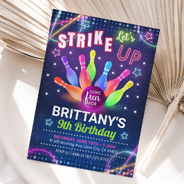 Neon Glow Bowling Birthday Invitation Kaart