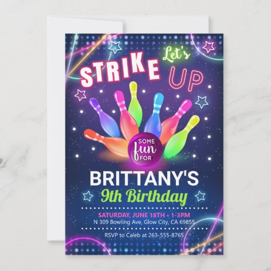 Neon Glow Bowling Birthday Invitation Kaart (Voorkant)