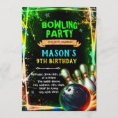 Neon glow bowling boy theme invitation kaart (Voorkant)