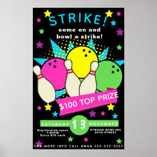 neon glow bowling night flyer , bowlingtoernooi poster