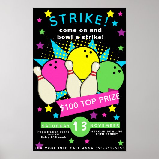 neon glow bowling night flyer , bowlingtoernooi poster (Voorkant)