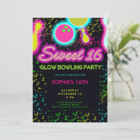 Neon Glow Bowling Party Girly Schattige Sassy Swee Kaart (Staand voorkant)