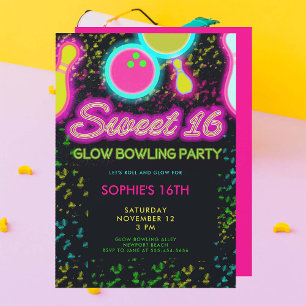 Neon Glow Bowling Party Girly Schattige Sassy Swee Kaart