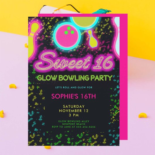 Neon Glow Bowling Party Girly Schattige Sassy Swee Kaart