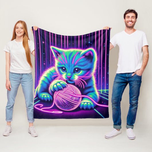Neon Glow Cat spelen met garen Fleece Deken (In situ)