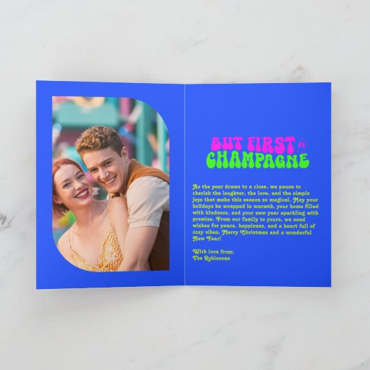 Neon Glow Champagne Retro New Year Photo Feestdagen Kaart (Binnen)