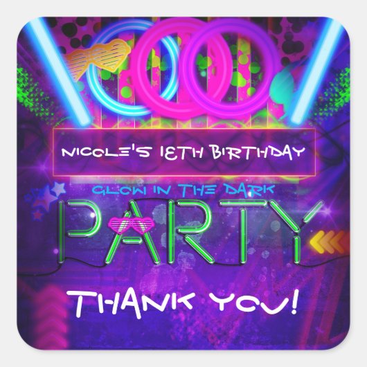 Neon Glow Club FEEST Verjaardagsgunst Stickers (Voorkant)