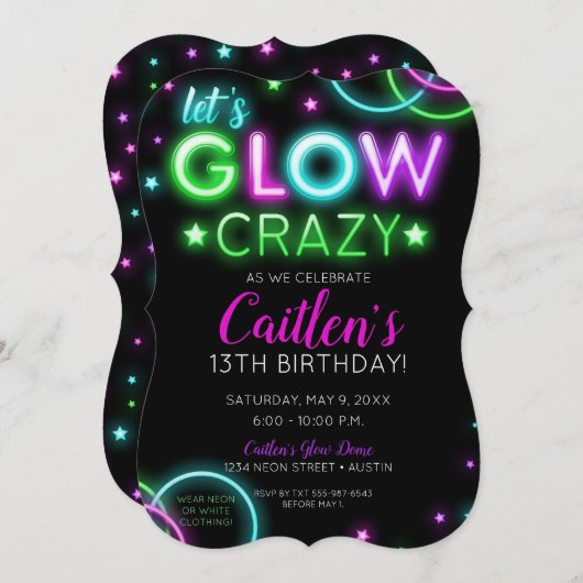 Neon Glow Crazy Girl Party Verjaardag Uitnodiging (Voorkant / Achterkant)