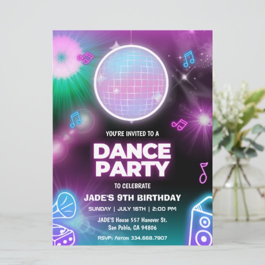 Neon Glow Dance Party Uitnodiging Verjaardag (Staand voorkant)