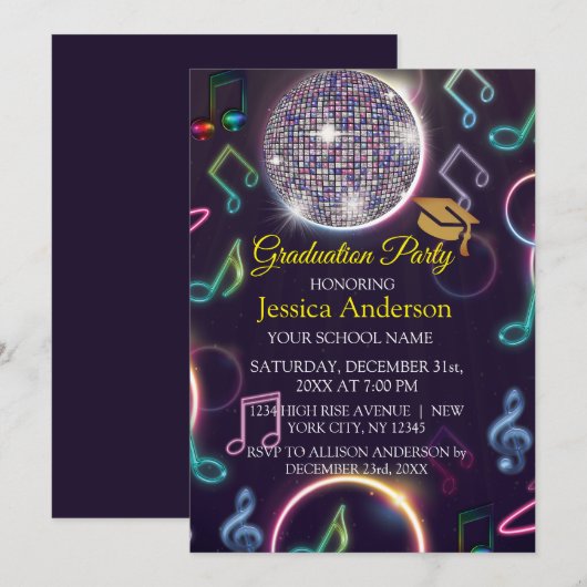 Neon Glow Disco Ball afstudeerfeest Kaart (Voorkant / Achterkant)
