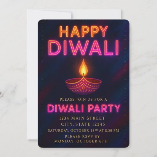 Neon Glow Diya met script Happy Diwali Party Kaart (Voorkant)