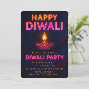 Neon Glow Diya met script Happy Diwali Party Kaart