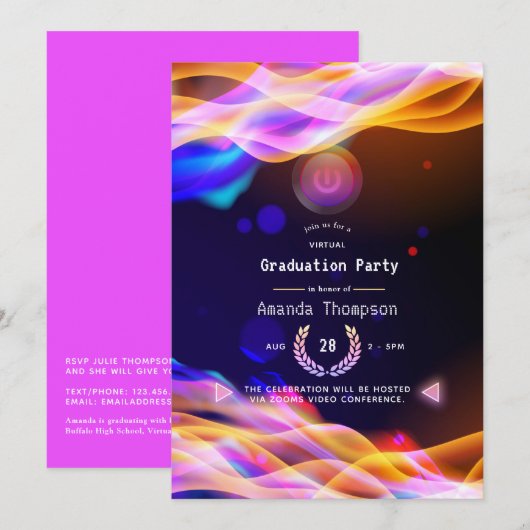 Neon Glow Flames Virtual Graduparty Kaart (Voorkant / Achterkant)