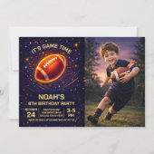 Neon Glow Football Birthday Photo Invitation Kaart (Voorkant)