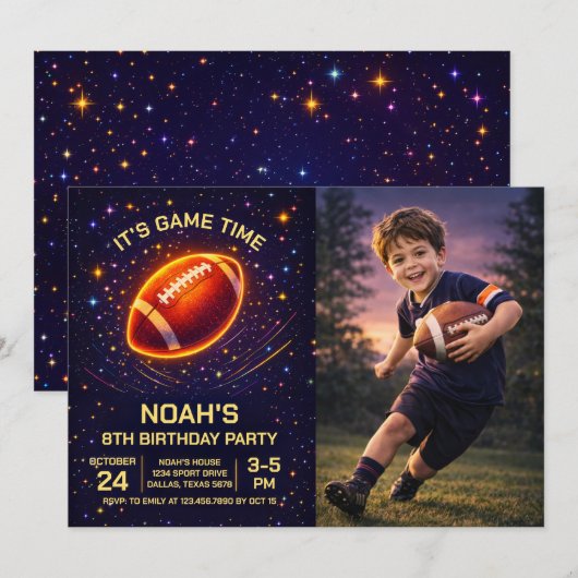 Neon Glow Football Birthday Photo Invitation Kaart (Voorkant / Achterkant)