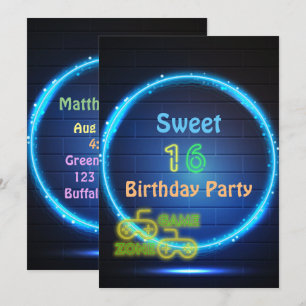 Neon Glow Gaming Sweet Sixteen Birthday Party Kaart