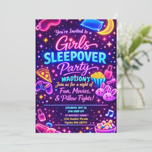 Neon Glow Girls Sleepover Party Night Slumber Kaart (Staand voorkant)