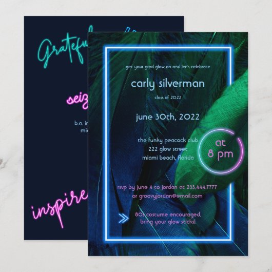 Neon Glow Graduation Party Kaart (Voorkant / Achterkant)