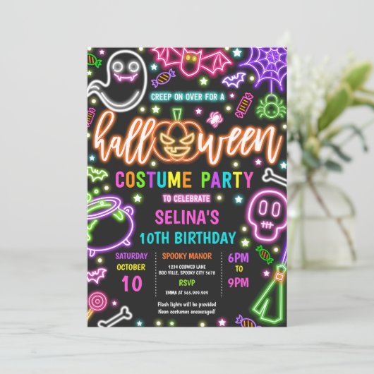 Neon Glow Halloween Kostuumfeest Verjaardag Kaart (Staand voorkant)