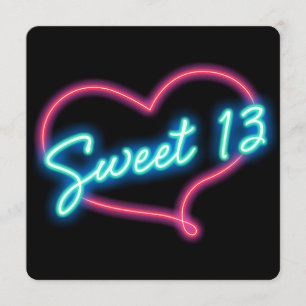 Neon Glow Heart SWEET 13 Birthday Party Invitation Kaart