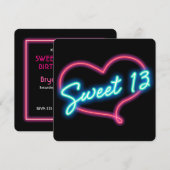 Neon Glow Heart SWEET 13 verjaardagsfeestje uitnod Kaart (Voorkant / Achterkant)