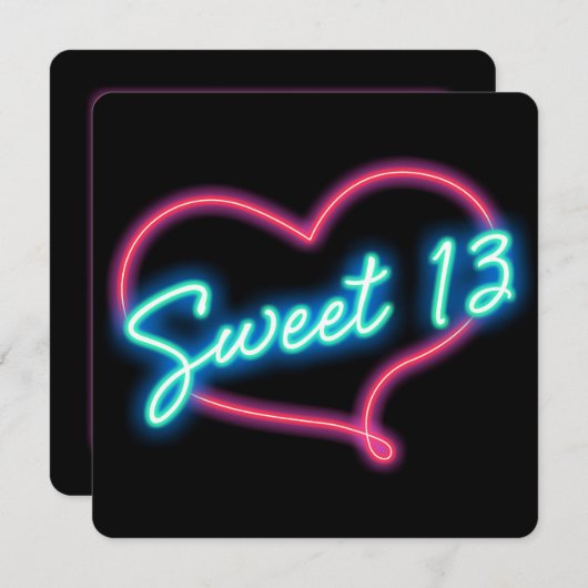 Neon Glow Heart SWEET 13 verjaardagsfeestje uitnod Kaart (Voorkant / Achterkant)