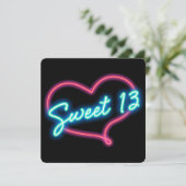 Neon Glow Heart SWEET 13 verjaardagsfeestje uitnod Kaart (Staand voorkant)
