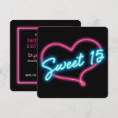 Neon Glow Heart SWEET 15 verjaardagsfeestje uitnod Kaart (Voorkant / Achterkant)