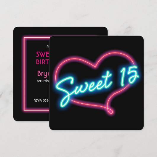 Neon Glow Heart SWEET 15 verjaardagsfeestje uitnod Kaart (Voorkant / Achterkant)