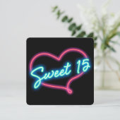 Neon Glow Heart SWEET 15 verjaardagsfeestje uitnod Kaart (Staand voorkant)
