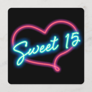Neon Glow Heart SWEET 15 verjaardagsfeestje uitnod Kaart